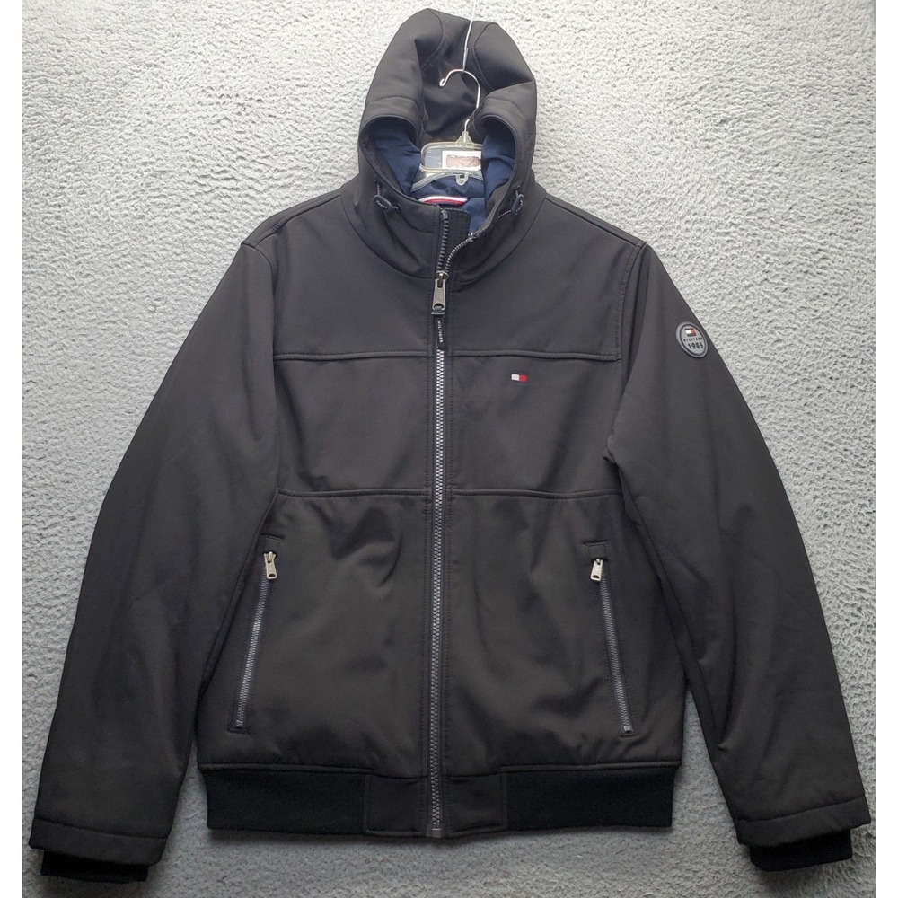 Tommy Hilfiger Jacket Mens M Black Softshell Stretch Adjustable Drawcord Hooded
